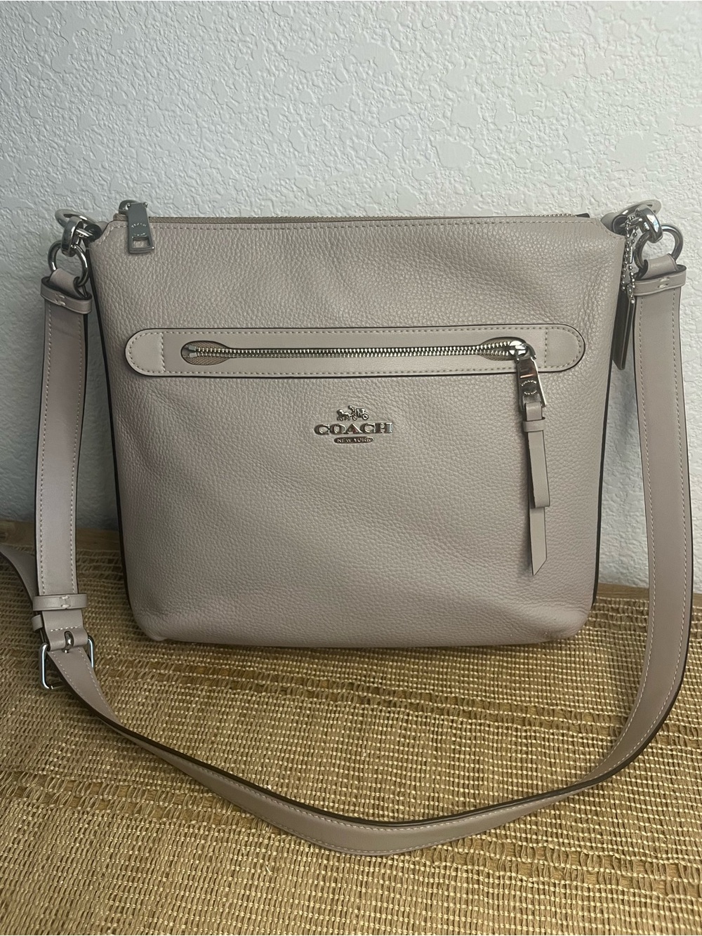 Coach Mae File Pebble Leather Crossbody in Light Gray
